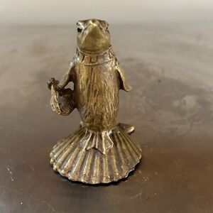 Vintage Bronze Nantucket Penguin Figurine Shell Base Carrying Basket Collectible